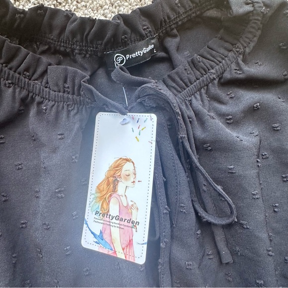 Long Sleeve V Neck Swiss Dot Pleated A Line Flowy Black Dress Wedding Formal - Picture 10 of 10